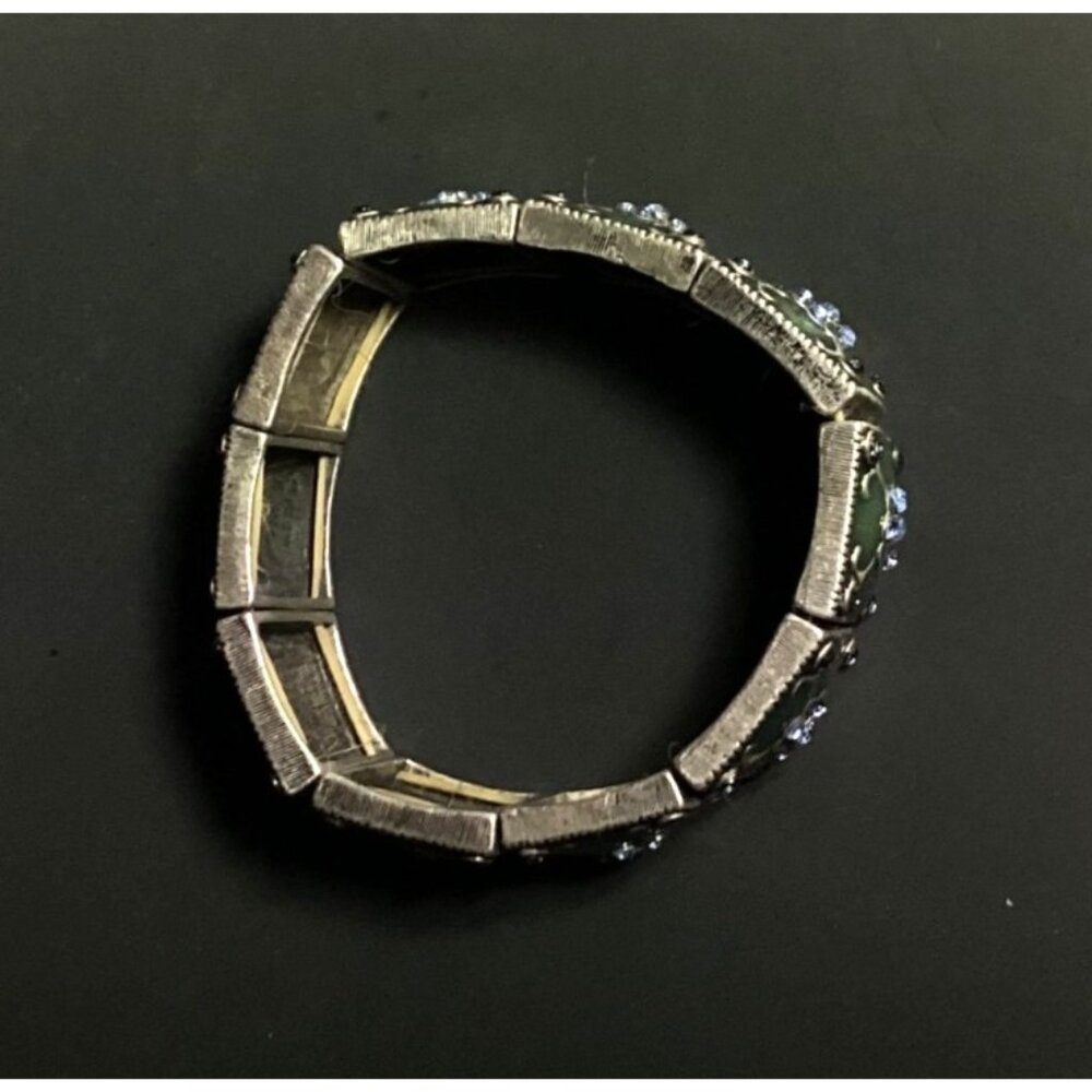 Silver Tone Metal and Olive Green Enamel Panel Stretch Bracelet Blue Rhinestones - Picture 6 of 6
